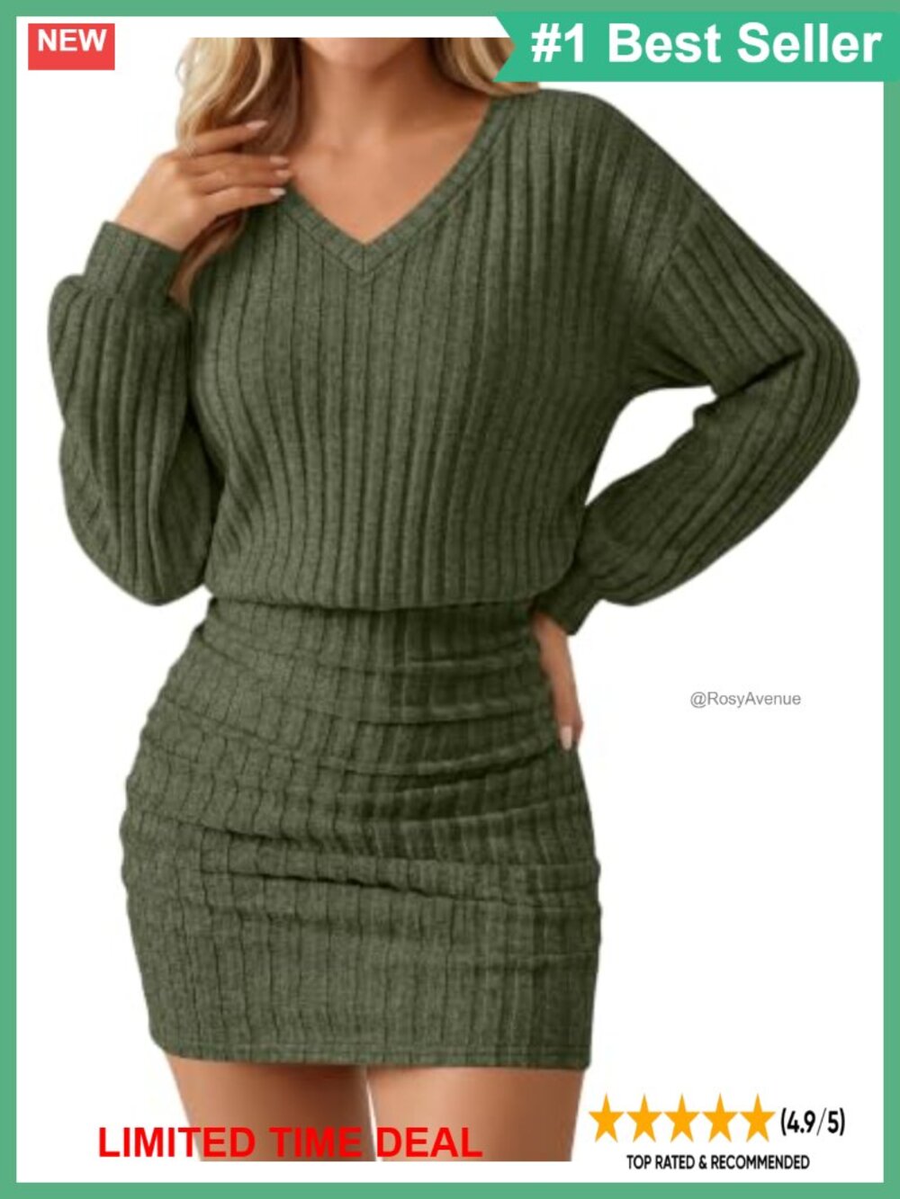 Women's Lightweight Ribbed Knit Mini Sweater Dress V-Neck Long Lantern Sleeve